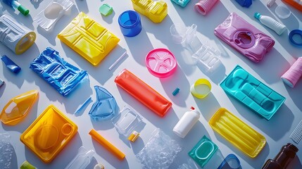 A Various Flat lay of Colorful Plastic Containers and Packaging Solutions on a White Surface Highlighting Petrochemical Consumption Impact on Daily Life