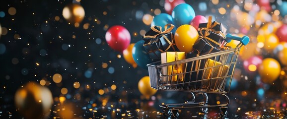 A shopping cart brimming with beautifully wrapped gifts sits among vibrant balloons and sparkling decorations, capturing the essence of festive joy and celebration at a lively event