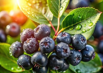 Lush Sweet Aronia Berries Surrounded by Green Leaves, Capturing the Essence of Nature&rsquo;s Bounty in a Vibrant and Detailed Close-Up Shot for Culinary and Health-Focused Uses