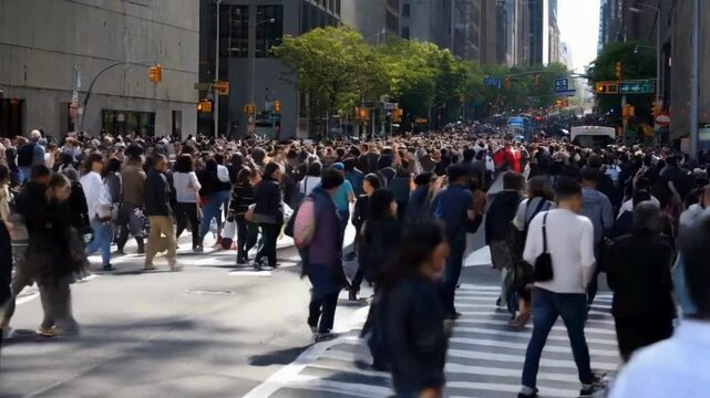 Unrecognizable blurry lot of people crowd crossing city street, busy crossroad, many pedestrians crossing crosswalk