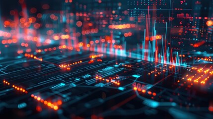 A vibrant digital landscape showcasing intricate circuits with glowing lights, representing advanced technology and data visualization.