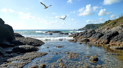 rocky shoreline with birds