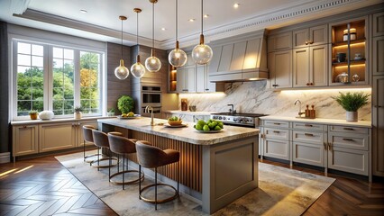Luxurious Minimalist Kitchen Featuring Elegant Marble Countertops and Modern Lighting Fixtures in a Vintage Style Setting for Sophisticated Interior Design Aesthetics