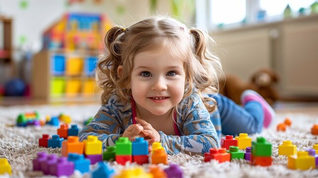 Young girl enjoys playful learning by building with colorful blocks on a soft carpet indoors