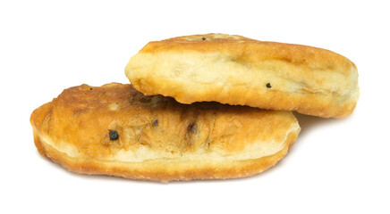 Two pieces of fried dough on a white background