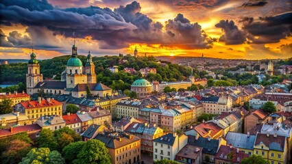 Fototapeta premium Lviv's Hidden Cultural Monuments: Resilient Beauty Amidst the Threat of Shelling, Showcasing Architectural Marvels and Historical Significance in a Stunning Landscape Setting