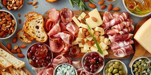 Table with a variety of food items including cheese, crackers, olives, and meat