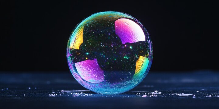 Colorful bubble floating on a dark surface. The bubble is surrounded by a rainbow of colors, creating a sense of wonder and magic. The image evokes a feeling of joy and playfulness