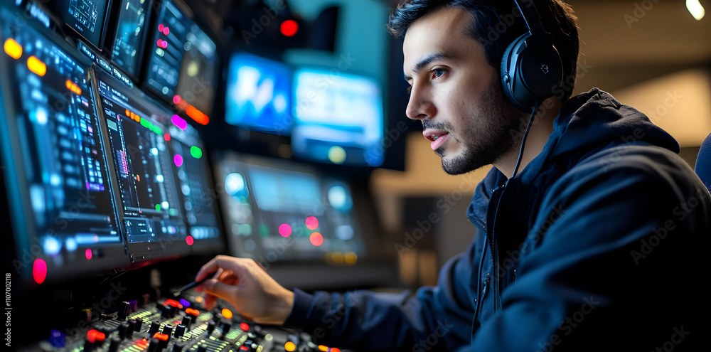 Aufkleber a focused individual operates a complex control panel in a modern media environment.