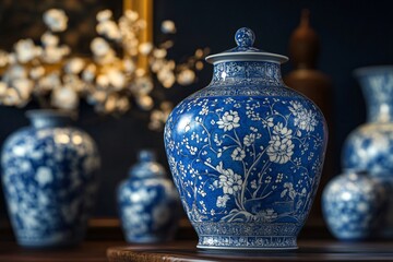Close up of a blue and white porcelain vase with a floral design, showcasing the beauty and craftsmanship of chinese ceramics