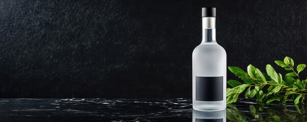 Minimalistic frosted glass vodka bottle with sleek black accents, perfect for modern bar aesthetics.