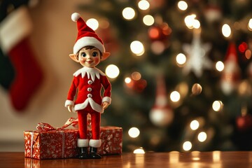 Christmas elf toy standing on a table with a wrapped christmas gift, a decorated and illuminated christmas tree in the background