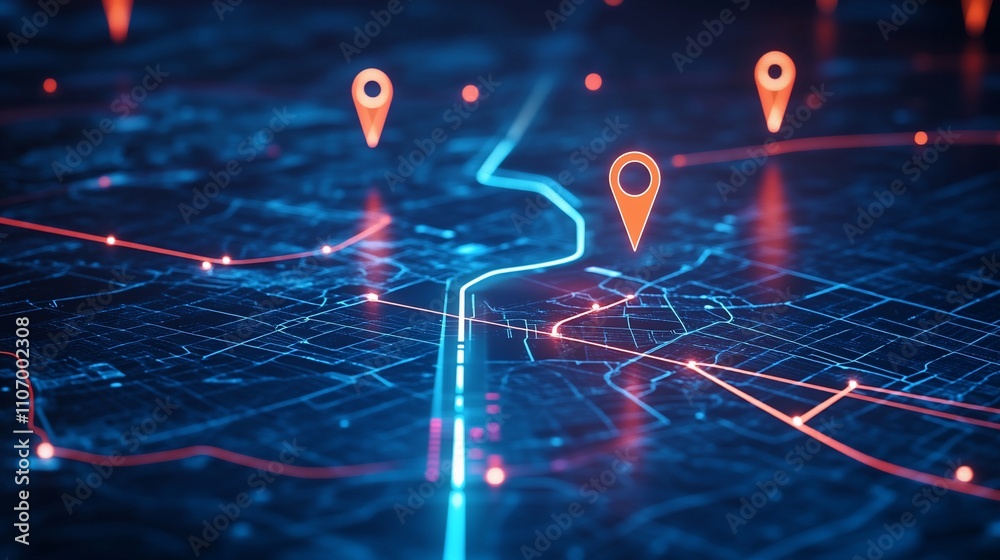 Poster Digital map with location pins and illuminated pathways.