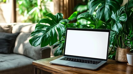 Laptop Computer Amidst Lush Greenery in a Home Setting