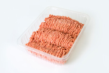 One kilogram of minced pork packaged in a plastic bag purchased from the store