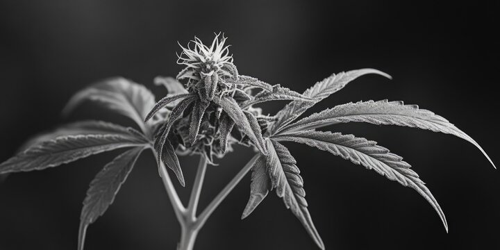 Close up of a marijuana plant with a black and white filter. Concept of mystery and intrigue, as the viewer is drawn in by the close up of the plant's leaves and the black and white filter