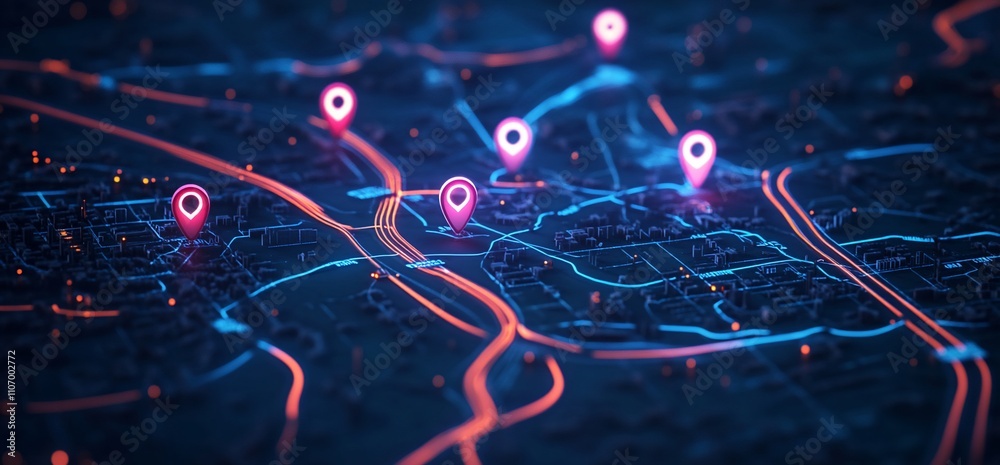 Fototapete digital map with location pins and illuminated pathways.