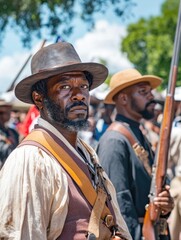 Man in a hat and vest stands in front of a group of people. He is holding a gun