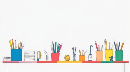 Colorful Desk Arrangement with Stationery Items and Office Supplies