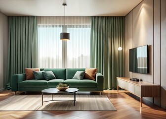 Fototapeta premium Minimalist Living Room: Jade Green Sofa, Black Glass TV Stand, Peach Curtains - Long Exposure Photography