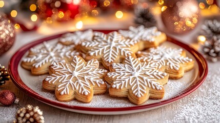 Beautifully decorated snowflake cookies, adorned with glittery icing and dusted with powdered sugar, set on a festive red and white holiday plate