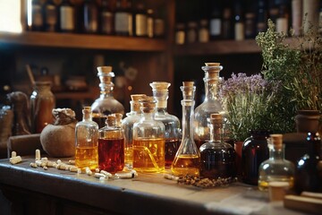 Glass bottles containing colorful potions and tinctures are displayed on a wooden table alongside dried herbs and pills in an alchemist's workshop