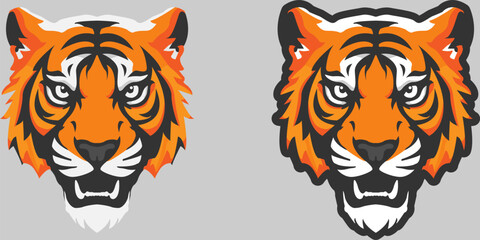 Tiger logo in two versions with and without outline. Icon, print, patch of tiger in color.