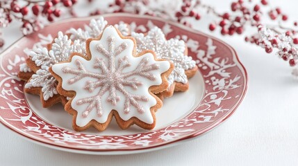 Fototapeta premium Beautifully decorated snowflake cookies, adorned with glittery icing and dusted with powdered sugar, set on a festive red and white holiday plate