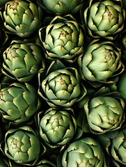 Obraz premium Bunch of green artichokes are displayed in a row. The artichokes are all the same size and shape, and they are all green