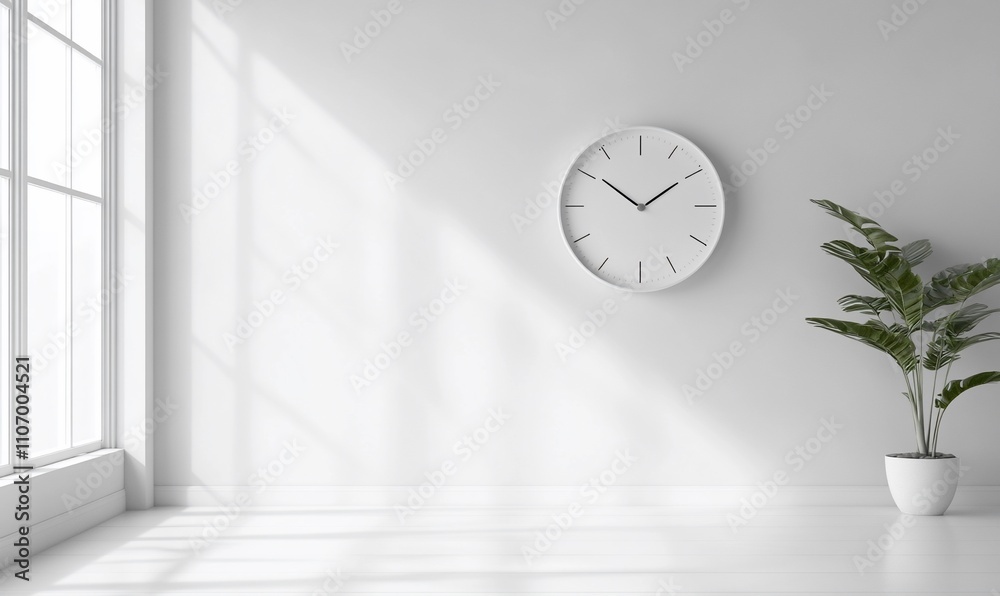 Poster minimalist room with a clock and a potted plant, emphasizing tranquility.