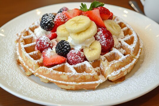 Round waffles garnished with sliced bananas, strawberries, raspberries, blackberries, whipped cream, and powdered sugar create a tempting breakfast