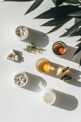 White background with a variety of pills and supplements. The pills are in different shapes and sizes, and they are arranged in a way that creates a sense of organization and order
