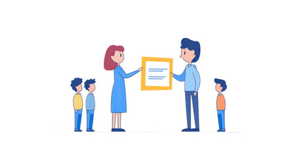 Obraz premium Collaborative Group Interaction with Document Exchange in Illustration