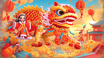 Chinese Traditional Culture Lion Dance Performance Spring Festival New Year Blessings Folk Auspicious