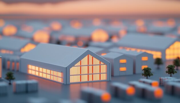 A serene twilight scene of miniature warehouses, softly glowing from within, set against a blurred backdrop of similar structures. - Powered by Adobe