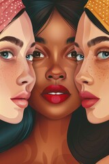 Three women with different skin tones and hair colors. The woman in the middle is wearing red lipstick