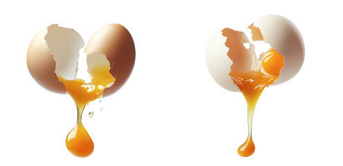 High-Quality PNG of Chicken egg shell cracked in half,  egg yolk and white dropping out Isolated on White Background – High Resolution