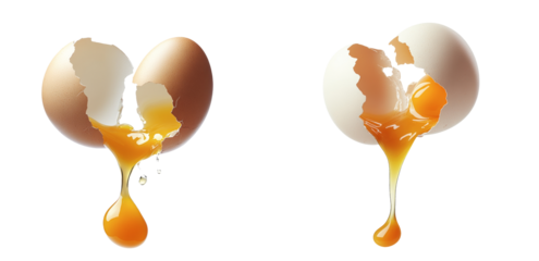 High-Quality PNG of Chicken egg shell cracked in half,  egg yolk and white dropping out Isolated on White Background – High Resolution