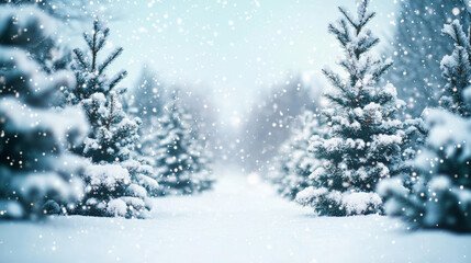 Fototapeta premium Snow-covered forest with evergreen trees during snowfall, creating a serene winter atmosphere