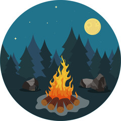 Bonfire on the background of the night forest. Forest landscape with a bonfire, fir trees, moon and stars. Vector, cartoon illustration. vector.