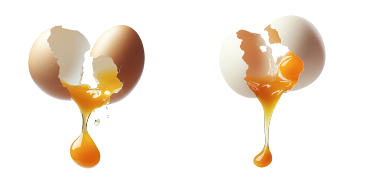 High-Quality PNG of Chicken egg shell cracked in half,  egg yolk and white dropping out Isolated on White Background – High Resolution
