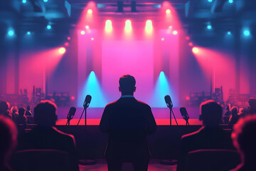 A speaker stands before an audience in a well-lit venue, ready to present.