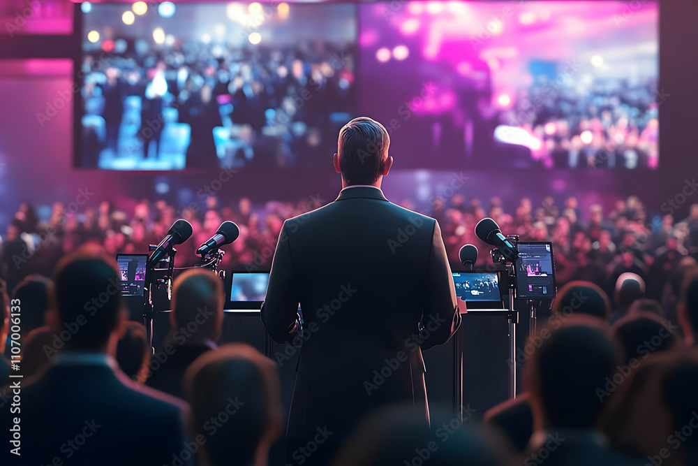 Poster A speaker addresses a large audience at an event, with multiple screens displaying the crowd.