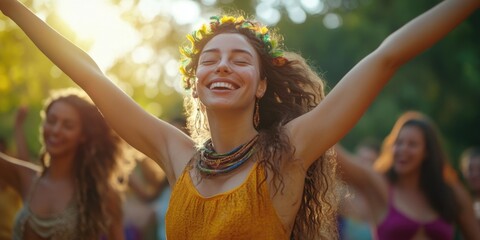 Fototapeta premium Woman wearing a flower headband and a yellow dress is smiling and dancing with other people. The image conveys a joyful and lively atmosphere, with the woman's happiness