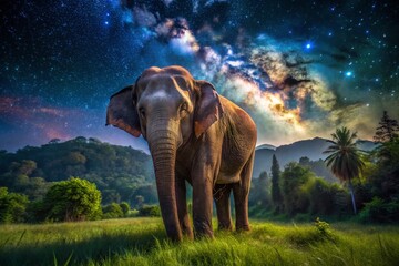 Fototapeta premium Majestic Asian Elephant Standing in the Night Landscape of Thailand Under a Starry Sky, Capturing the Beauty and Serenity of Wildlife at Night in Southeast Asia