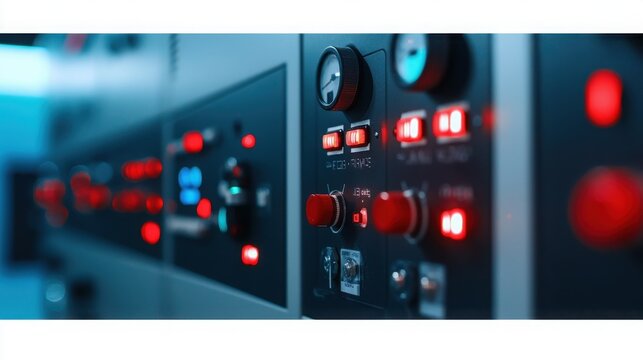 Close-up of control knobs and indicators on an energy distribution board, symbolizing precision in peak energy management, with copy space