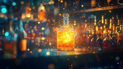 Glowing liquor bottle on bar counter with blurred background.