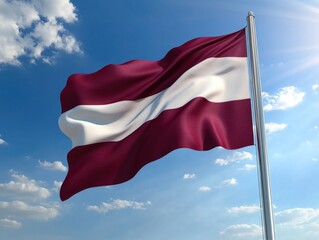 Flag with a white stripe and red stripe is flying in the sky. The flag is on a pole