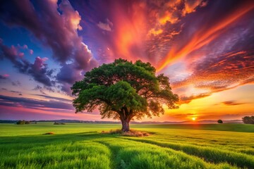Fototapeta premium Majestic Big Tree Overlooking a Lush Green Field in the Countryside at Sunset with Vibrant Sky Colors and Tranquil Atmosphere – Perfect for Nature and Landscape Photography