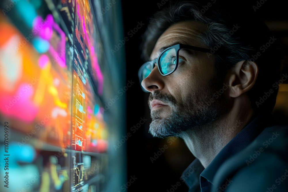 Aufkleber a man observes vibrant data visualizations on a screen, reflecting analytical focus.